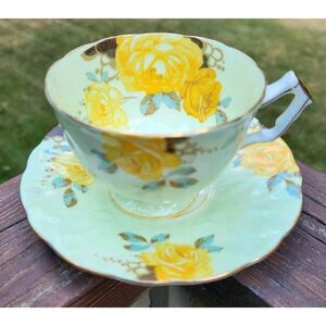 Aynsley Tea Cup and Saucer Yellow Cabbage Rose England Green Crocus Shape Teacup